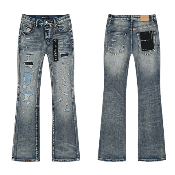 Light Blue Washed Flared Denim Jeans with Multi-Rip Distressing